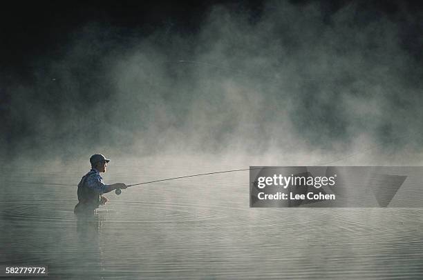 fisherman in morning mist - fliegenfischen stock-fotos und bilder