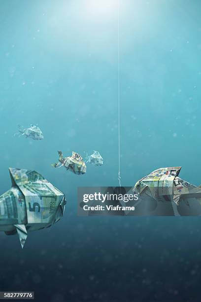 fishes built of money swimming to fishhook - fishing hook underwater stock pictures, royalty-free photos & images