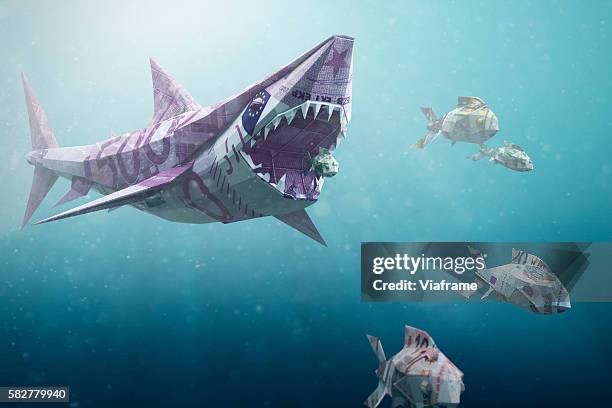 shark built out of money chasing fish - underwater composite image stock pictures, royalty-free photos & images