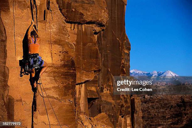 woman rock climbing - escalada libre fotografías e imágenes de stock