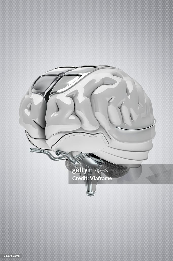 Futuristic, synthetic brain made of metal and plastic