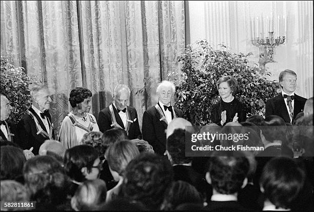 View of honorees, from left to right, Fred Astaire, Marian Anderson, George Balanchine, and Arthur Rubinstein, during the Kennedy Center Honors at...