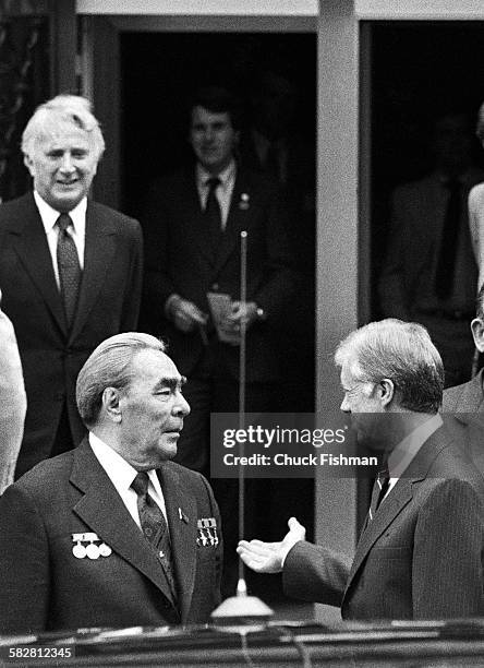 United States President Jimmy Carter, right, welcomes Soviet Communist Party Secretary General Leonid Brezhnev to the American embassy in Vienna for...