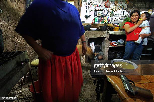 The kitchen of a Canari tribe family with a pistol for protection on the table. Among Canari Indians, nothing has changed since Inca times. These...