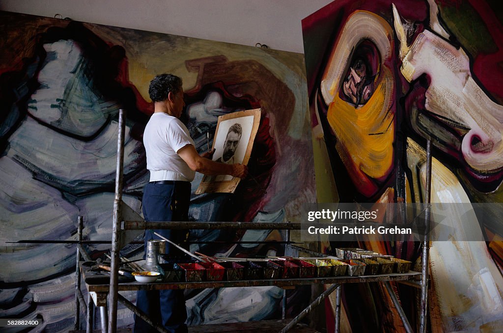 Painter David Alfaro Siqueiros at Work in His Studio