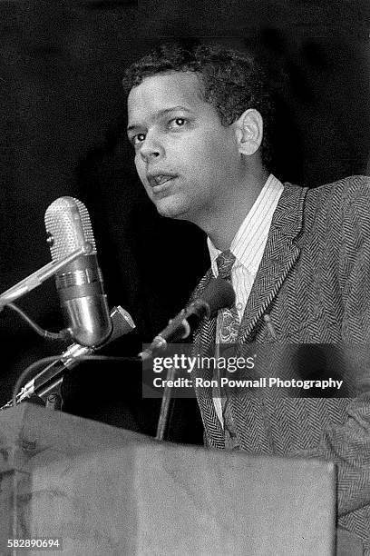 American civil rights activist Julian Bond addressing Lake Forest College, in Lake Forest, Illinois, April 1969.
