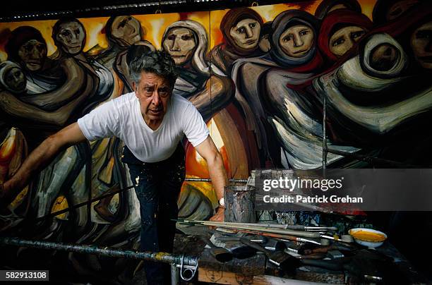 Painter David Alfaro Siqueiros with Detail of Peasants from La Revolucion