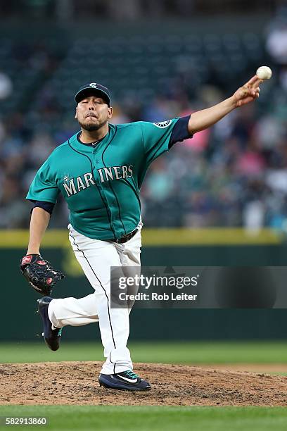 Vidal Nuno of the Seattle Mariners pitches during the game against the Houston Astros at Safeco Field on July 15, 2016 in Seattle, Washington. The...