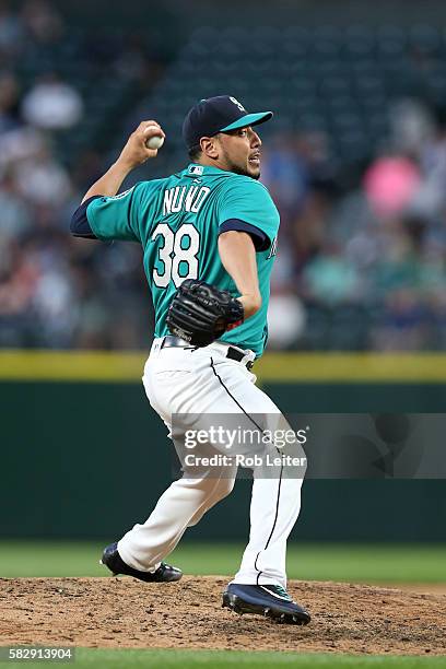 Vidal Nuno of the Seattle Mariners pitches during the game against the Houston Astros at Safeco Field on July 15, 2016 in Seattle, Washington. The...