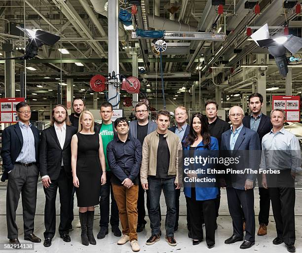 Sequoia Venture Capital "founders" at the Tesla Motors factory, Fremont, CA.: Jerry Yang, Chad Hurley, Julia Hartz, Jan Koum, Max Levechin, Reid...