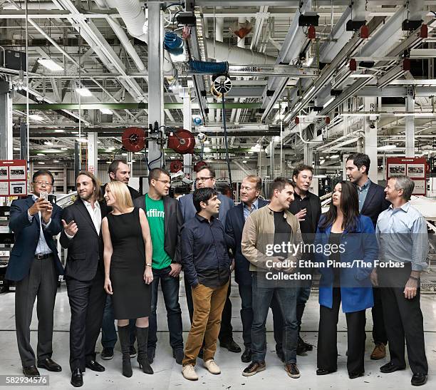 Sequoia Venture Capital "founders" at the Tesla Motors factory, Fremont, CA.: Jerry Yang, Chad Hurley, Julia Hartz, Jan Koum, Max Levechin, Reid...