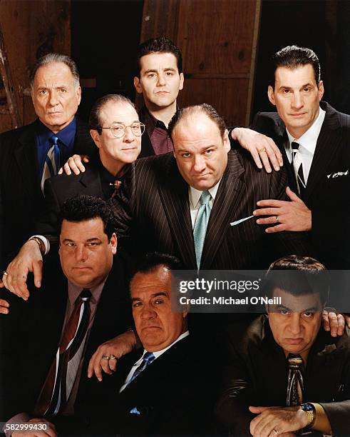 Arthur Nascarella, Dan Grimaldi, Max Casella, James Gandolfini, and Robert Funaro. Front row, L-R: Steve Schirripa, Tony Sirico, and Steven Van Zandt.