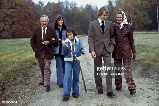 The Grimaldi royal family takes a walk in the countryside. : Prince Rainier III, Princess Caroline, Princess Stephanie, Prince Albert, and Princess...