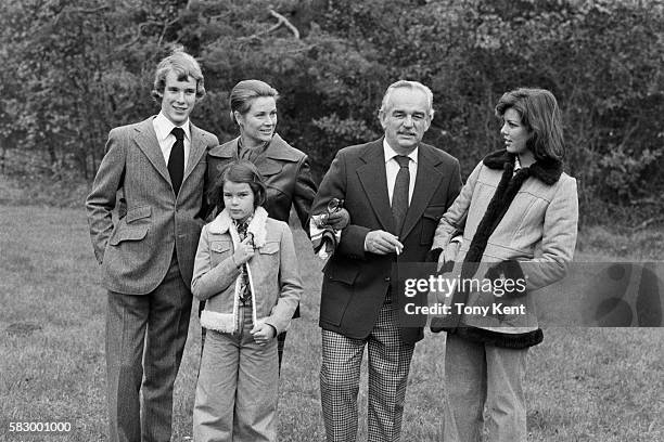 The Grimaldi royal family takes a walk in the countryside. : Prince Albert, Princess Grace, Princess Stephanie, Prince Rainier III and Princess...