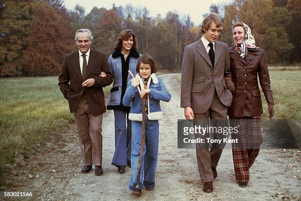 The Grimaldi royal family takes a walk in the countryside. From left to right : Prince Rainier III, Princess Caroline, Princess Stephanie, Prince...