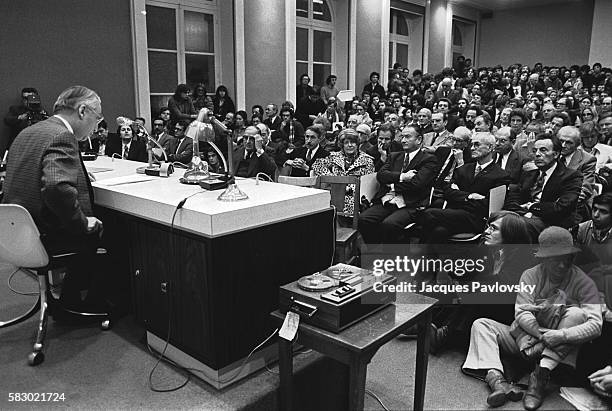 Roland Barthes making his inaugural speech at the College de France. He held the Semiology chair at the College de France from 1977 to 1980