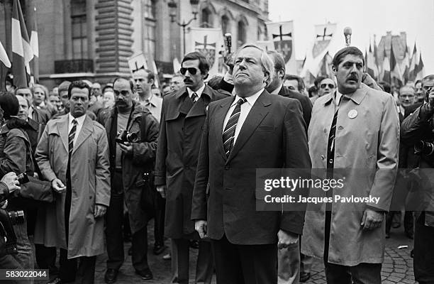 Jean-Marie Le Pen , leader of the extremist right-wing National Front, attends a political rally at the statue of Jeanne d'Arc at the Place des...