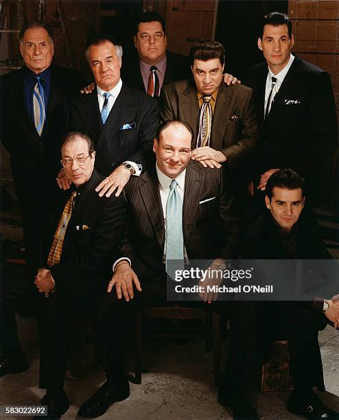 Arthur Nascarella, Tony Sirico, Steve Schirripa, Steven Van Zandt, and Robert Funaro. Back row, L-R: Dan Grimaldi, James Gandolfini, and Max Casella.