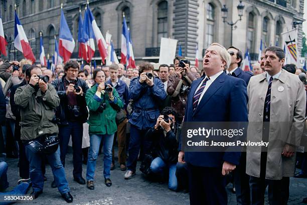 French far right-wing and nationalist politician, founder and president of the National Front party, Jean-Marie Le Pen, attends a political rally at...