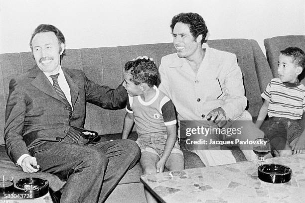 President of Algeria Houari Boumediene with Secretary General of the General People's Congress of Libya Muammar Gaddafi and his sons Muhammad and...