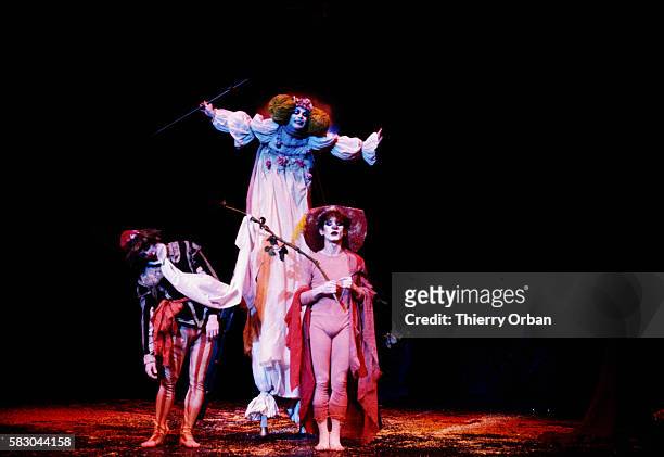 Dancers from the Lindsay Kemp Company performing A Midsummer Night's Dream, a play by William Shakespeare, at the Paris Theater in London under the...