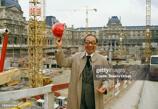 Pei, the architect of the Louvre's glass Pyramid Entrance, stands at the entrance's construction site.