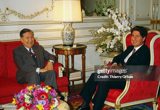 Lebanese President Amin Gemayel meets with French Foreign Minister Jean-Bernard Raimond at the Hotel Crillon.