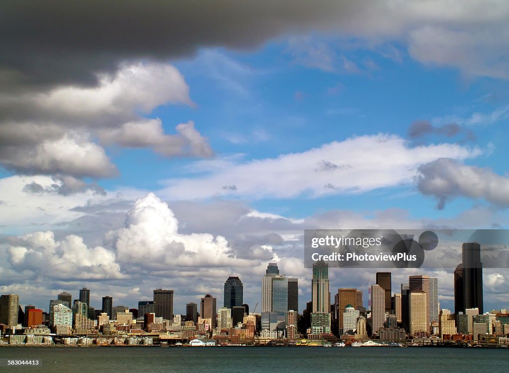 The Seattle Skyline with Clouds and Blue Sky