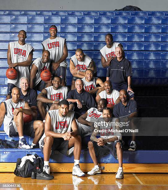 Amare Stoudemire, Lamar Odom, Carmelo Anthony, Carlos Boozer, Dwyane Wade, Assistant Coach Roy Williams; Middle row: Richard Jefferson, Assistant...