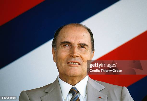 Portrait of French President Francois Mitterrand during his visit to Saint Benoit in Reunion on February 9, 1988.