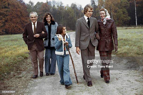 The Grimaldi royal family takes a walk in the countryside. Prince Rainier III, Princess Caroline, Princess Stephanie, Prince Albert and Princess...