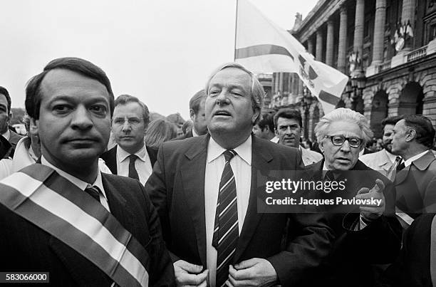 Jean-Marie Le Pen , leader of the extremist right-wing National Front, and Dreux Mayor Jean-Pierre Stirbois attend a political rally at the statue of...