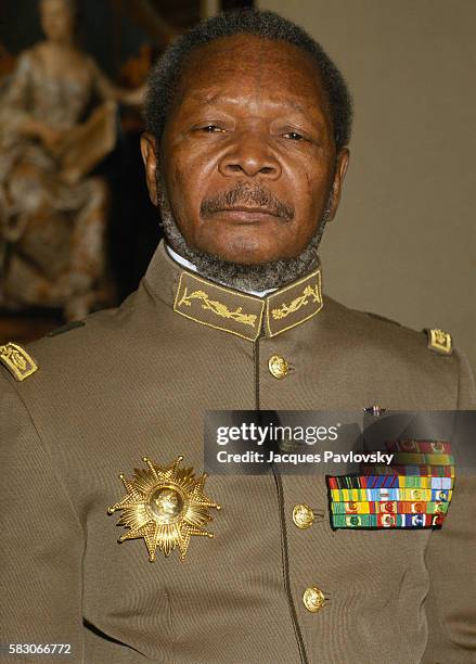 Former President and self-proclaimed Emperor of Central African Republic Jean-Bedel Bokassa wears his uniform of Marechal as he organizes a tour and...