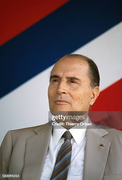 Portrait of French President Francois Mitterrand during his visit to Saint Benoit in Reunion on February 9, 1988.