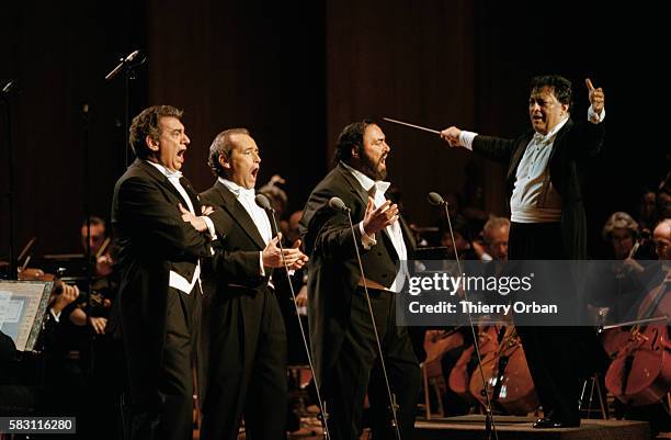The Three Tenors , Placido Domingo, Jose Carreras and Luciano Pavarotti perform in Monte Carlo under the direction of orchestra leader Zubin Mehta.