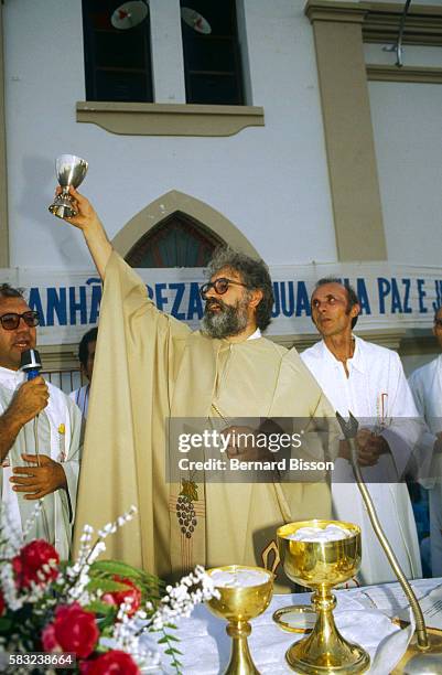 Leading preacher of Latin American Liberation Theology, Leonardo Boff, presides over a service. The promotion of direct social action for the poor...