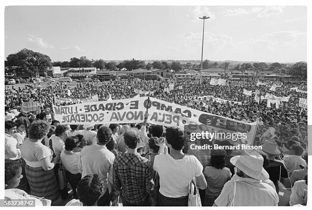 Liberation Theology followers gather to demonstrate their support for agrarian reform measures aimed at returning land to the rural poor of Brazil,...