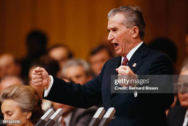 Romanian President Nicolae Ceausescu speaks passionately during the closing ceremony of the Romanian Communist Party's 14th congress in Bucharest, on...