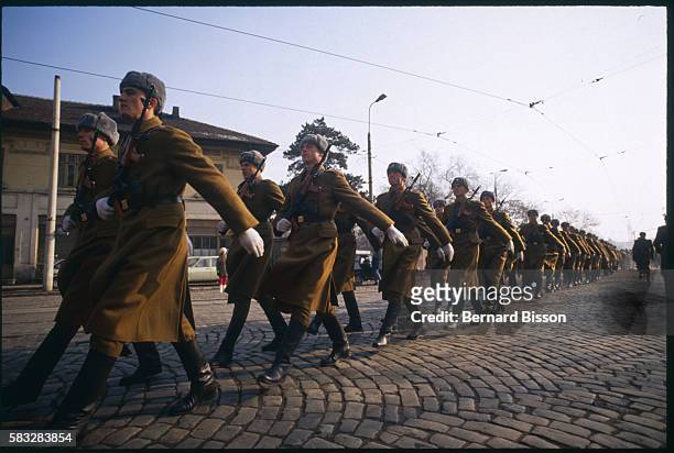 Romanian military parade during official commemoration of the December 1989 revolution.