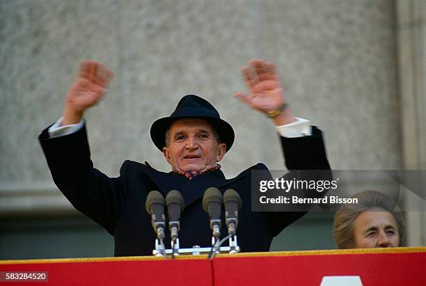 Romanian President Nicolae Ceausescu speaks in public during the closing ceremony of the Romanian Communist Party's 14th congress in Bucharest, on...