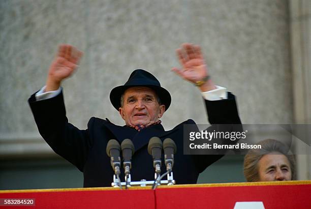 Romanian President Nicolae Ceausescu speaks in public during the closing ceremony of the Romanian Communist Party's 14th congress in Bucharest, on...