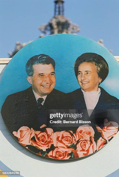 Medallion representing Nicolae and Elena Ceausescu in Bucharest, on November 21, 1989. Only weeks later, on Christmas Day, the Communist dictator and...