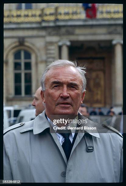 Former Nazi SS officer and leader of the German far-right political party, Republikaners, Franz Schonhuber pays a visit to the town hall in Lyon.