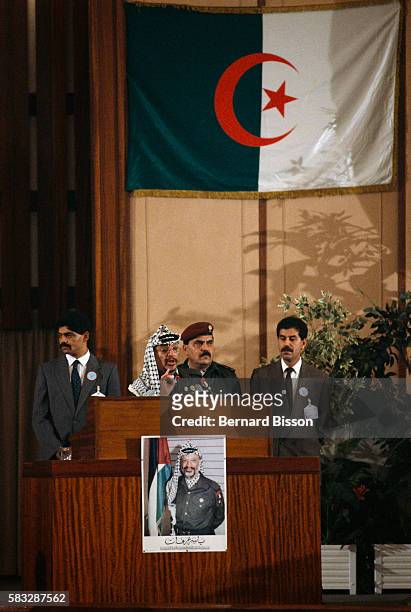 Ministers gather for the 20th National Palestinian Council in Algiers. Palestinian leader, Yasser Arafat, AbdelHamid El Sayet, Nayef Hawatmeh and...