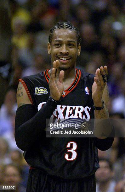 Allen Iverson of the Philadelphia 76ers celebrates after making a basket during Game 1 of the NBA Finals against the Los Angeles Lakers at Staples...