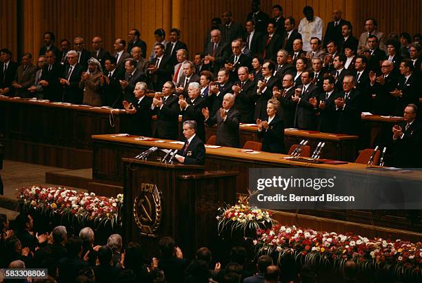 Romanian President Nicolae Ceausescu speaks during the Romanian Communist Party's 14th convention, in Bucharest, on November 20, 1989.