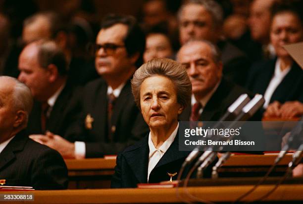 Elena Ceausescu, wife of Romanian President Nicolae Ceausescu, sits with party members during the Romanian Communist Party's 14th convention, in...