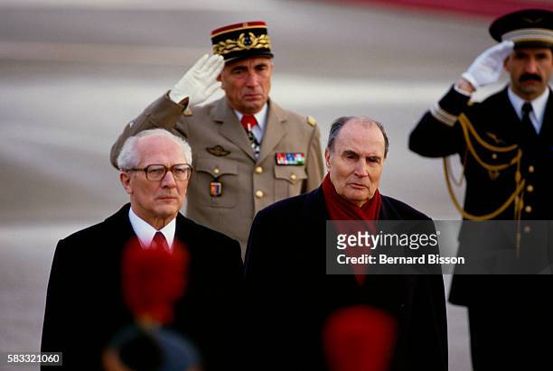 East German President, Erich Honecker, arrives in Paris for his first official visit in France. He is greeted by French President, Francois...