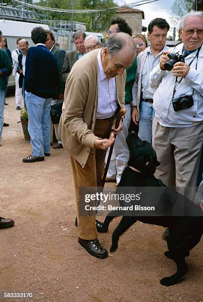 President Francois Mitterrand plays with a dog during his visit to Solutre-Pouilly. Mitterrand takes an annual holiday to the area, which is known...