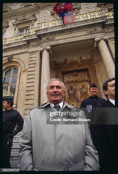 Former Nazi SS officer and leader of the German far-right wing political party, Republikaners, Franz Schonhuber pays a visit to the town hall in Lyon.